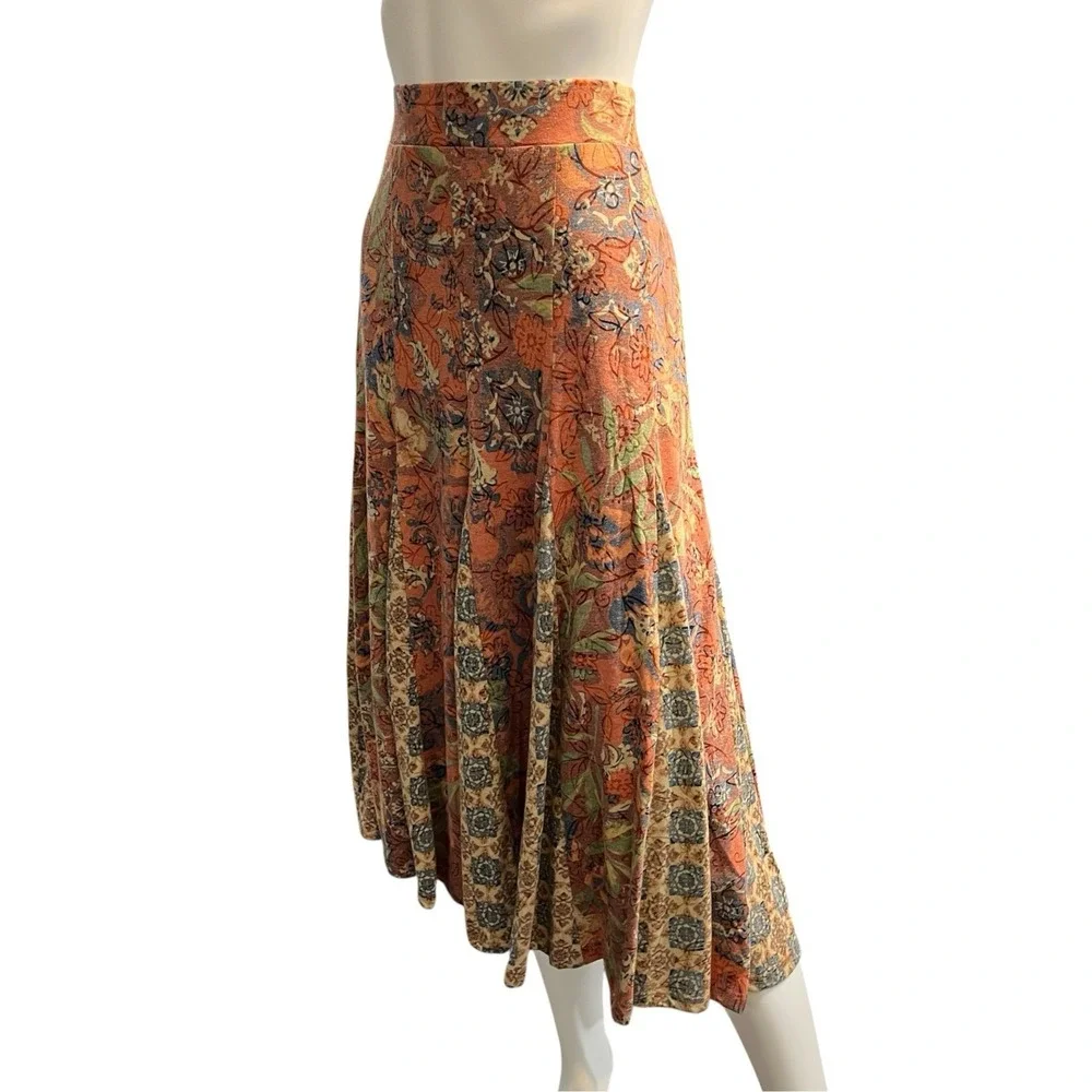 Coldwater Creek Skirt Fall Floral Patchwork Midi L Pull On Elastic Waist Earthy